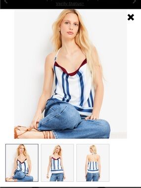 LOFT Blue and White Vertical Stripe Cami with Burgundy Trim